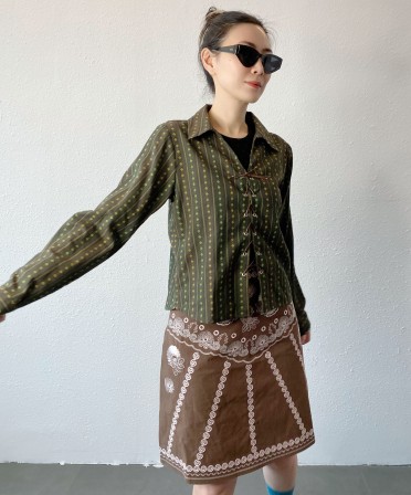 Green Patterned Lace Up Shirt #250410